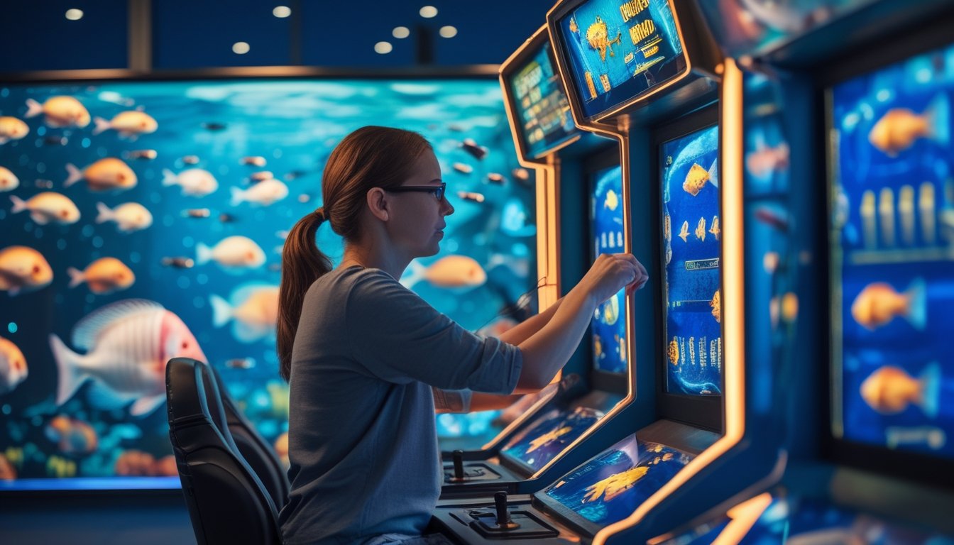 Seorang pemain menggunakan mesin permainan tembak ikan dengan layar berisi ikan besar dan indikator jackpot bercahaya.