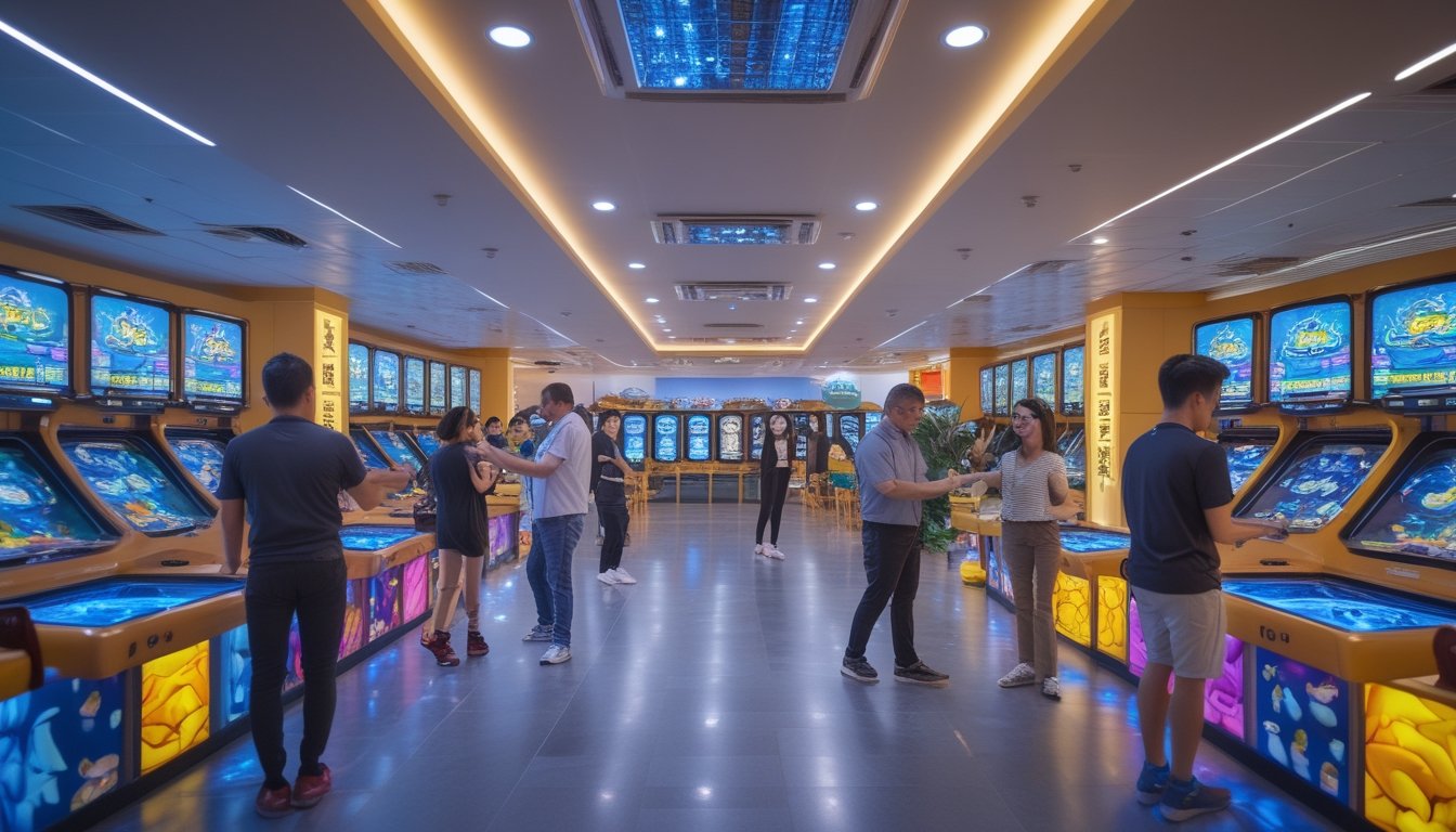 Pengunjung bermain permainan menembak ikan elektronik di pusat hiburan indoor yang ramai dan modern.