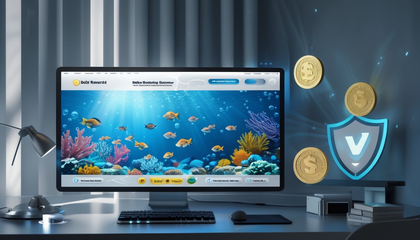 Monitor menampilkan permainan menembak ikan bawah laut dengan ikan berwarna-warni, koin emas, dan simbol keamanan.