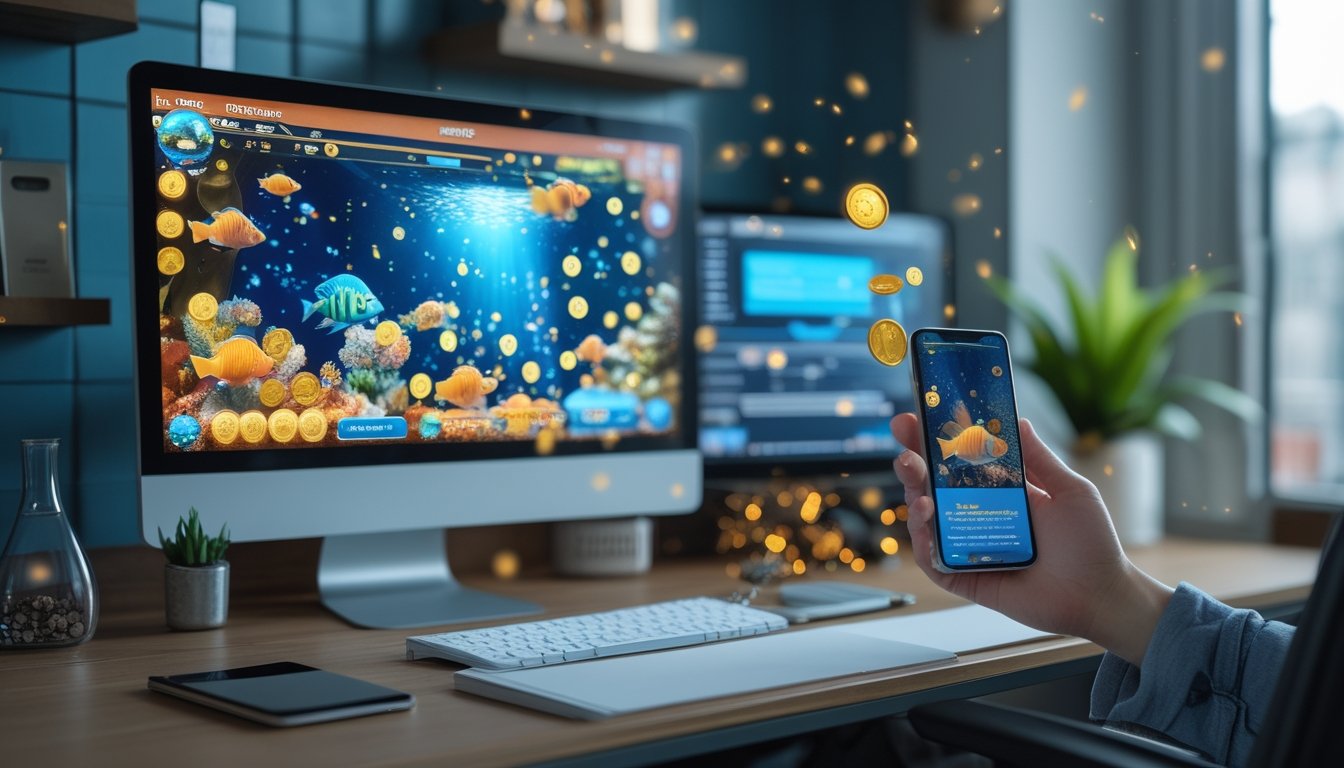 Monitor dan ponsel menampilkan permainan menembak ikan bertema bawah laut di meja kerja modern.