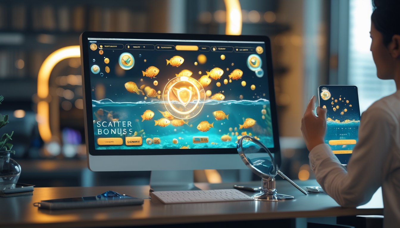 Perangkat desktop dan ponsel menampilkan permainan arcade bawah laut dengan elemen pemeriksaan keamanan di meja modern.