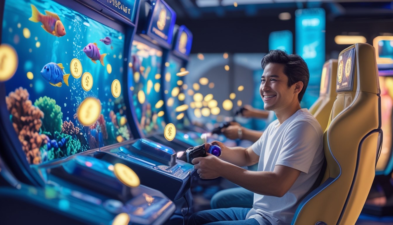 Seorang pemain menikmati permainan arcade tembak ikan dengan tampilan bonus koin dan ikon dompet digital.