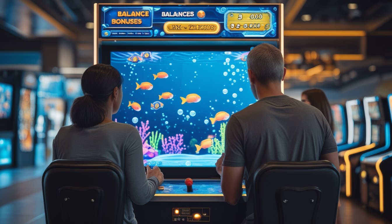 Orang dewasa bermain game tembak ikan di mesin arcade dengan tampilan ikan dan terumbu karang.
