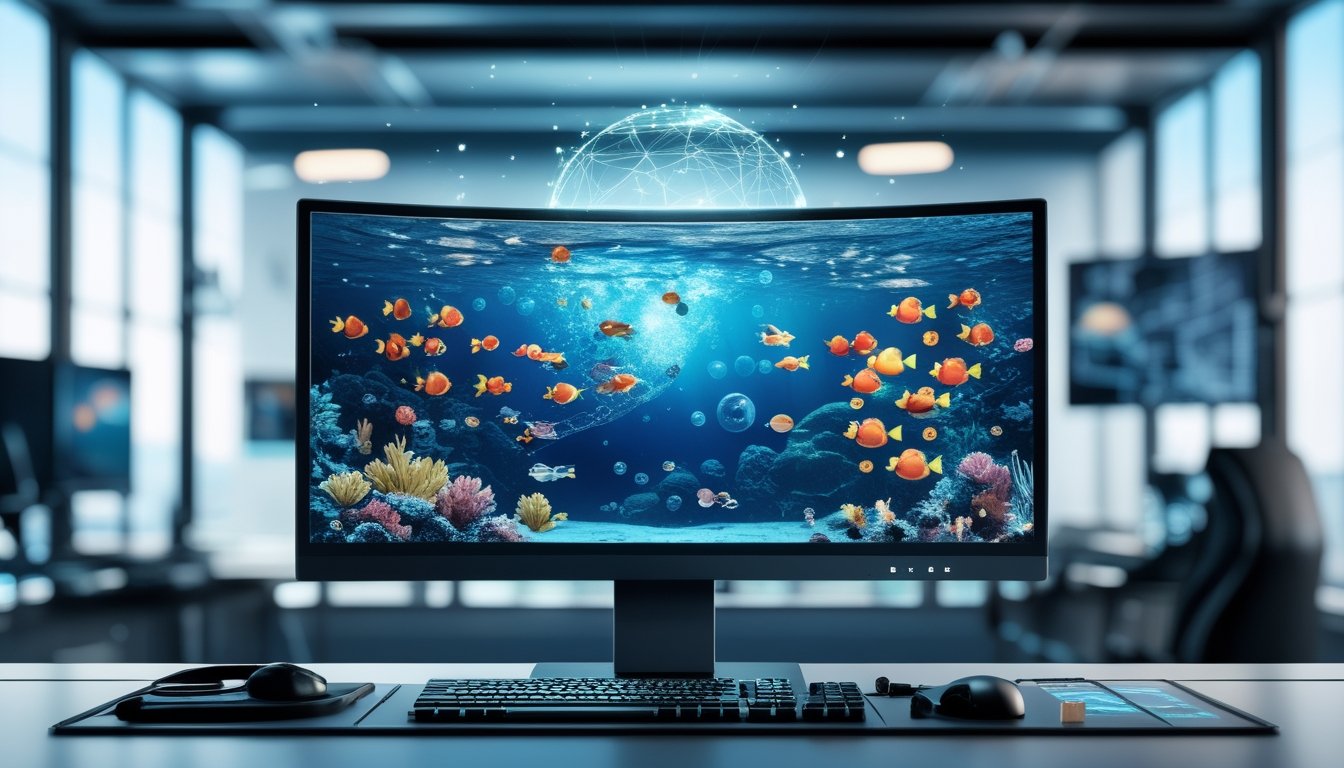 Monitor menampilkan permainan menembak ikan bertema bawah laut dengan latar jaringan server digital.