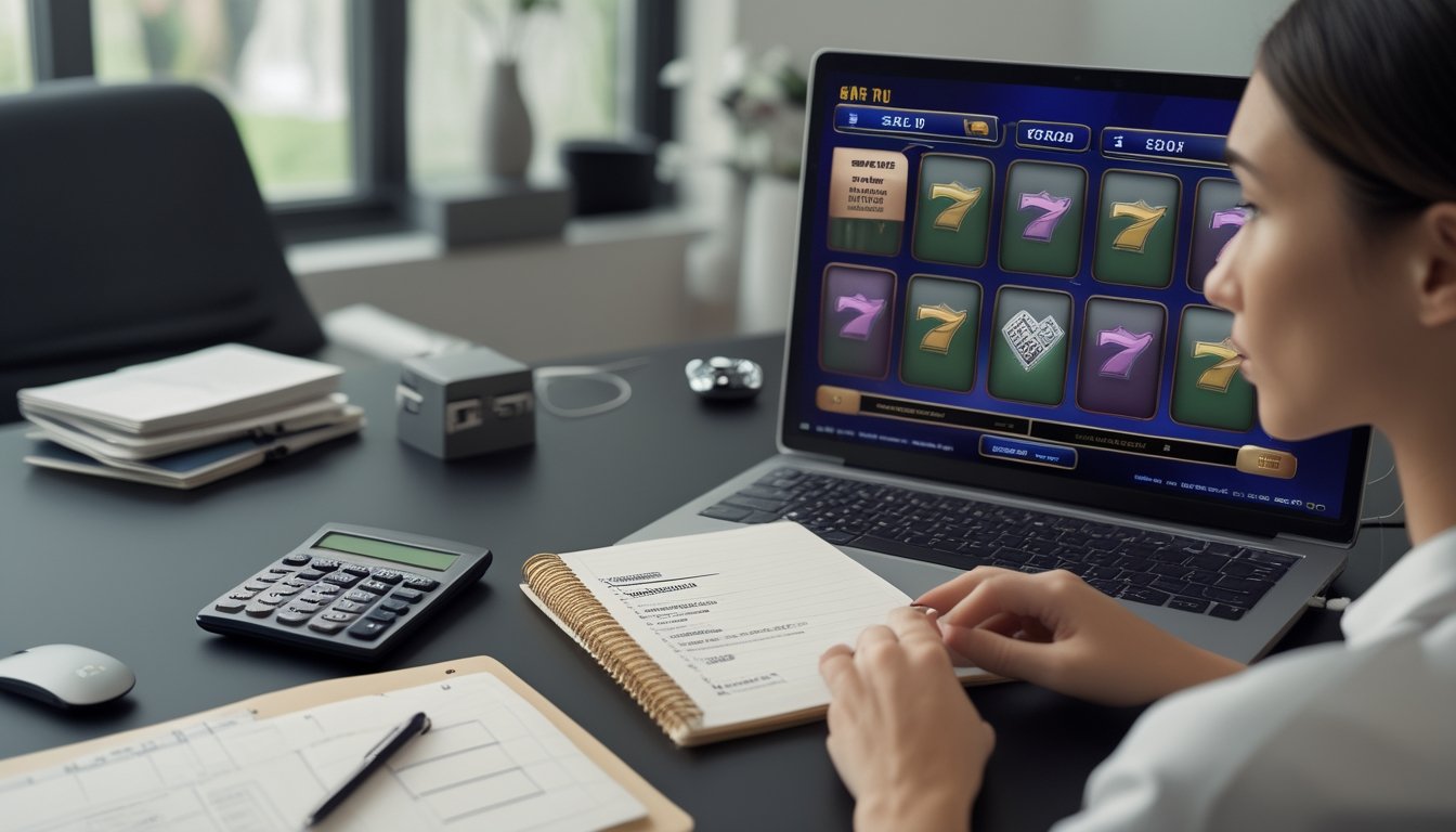 Seseorang merencanakan anggaran bermain mesin slot di meja kerja dengan kalkulator, buku catatan, dan laptop.