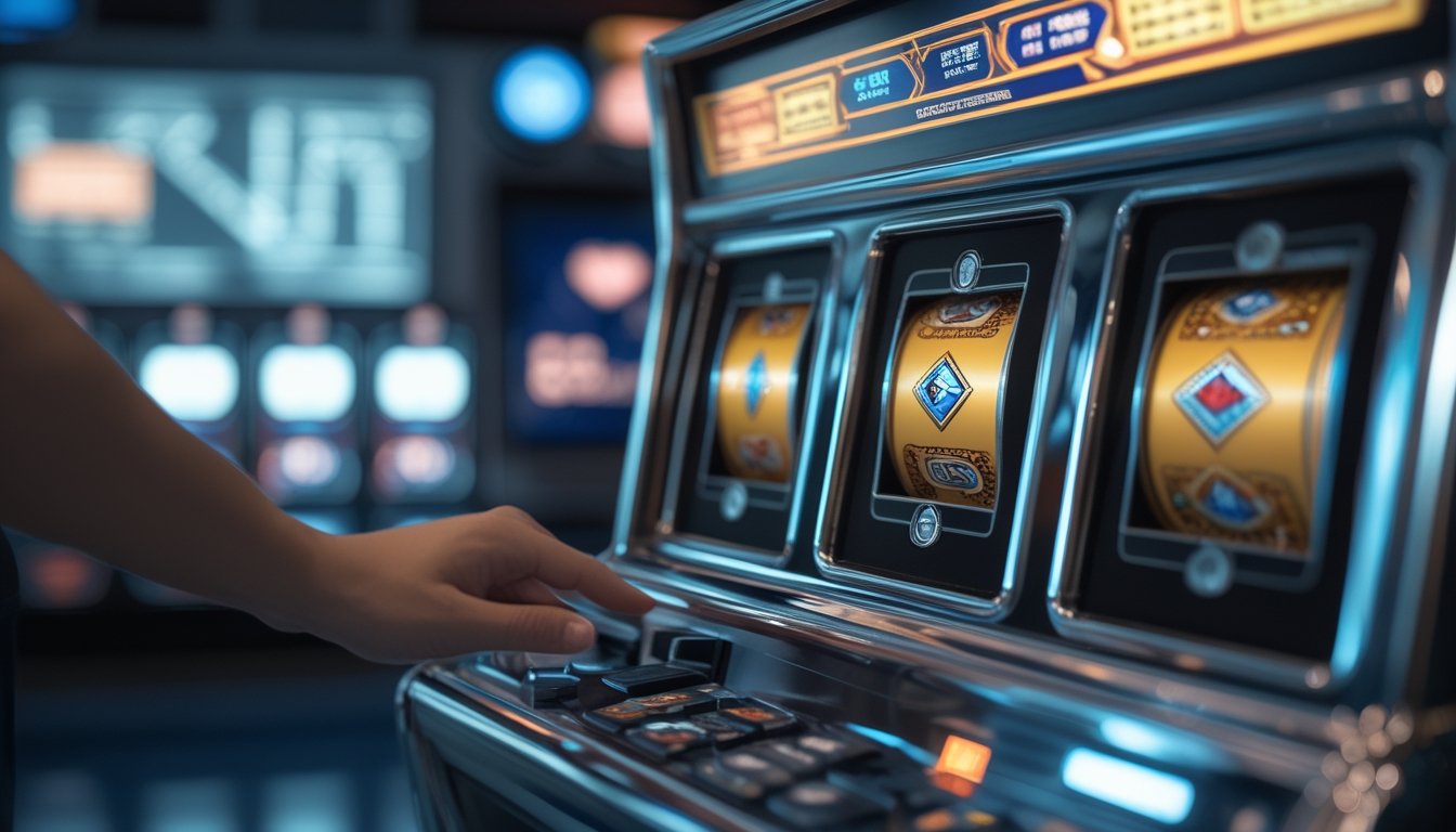 Mesin slot Triple Diamond dengan gulungan yang sedang berputar dan tangan pemain yang mengamati tombol auto-spin.