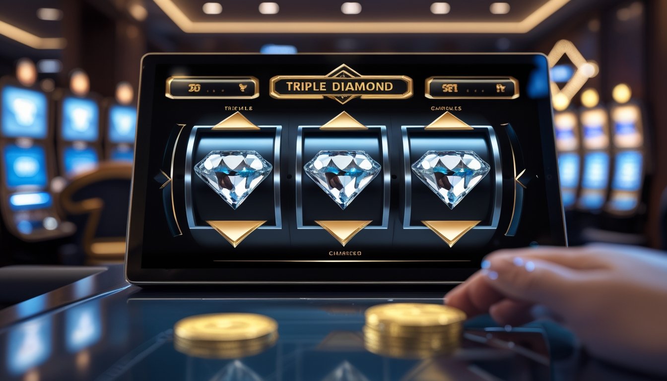 Pemain dewasa memainkan permainan slot Triple Diamond pada perangkat digital di lingkungan kasino modern.