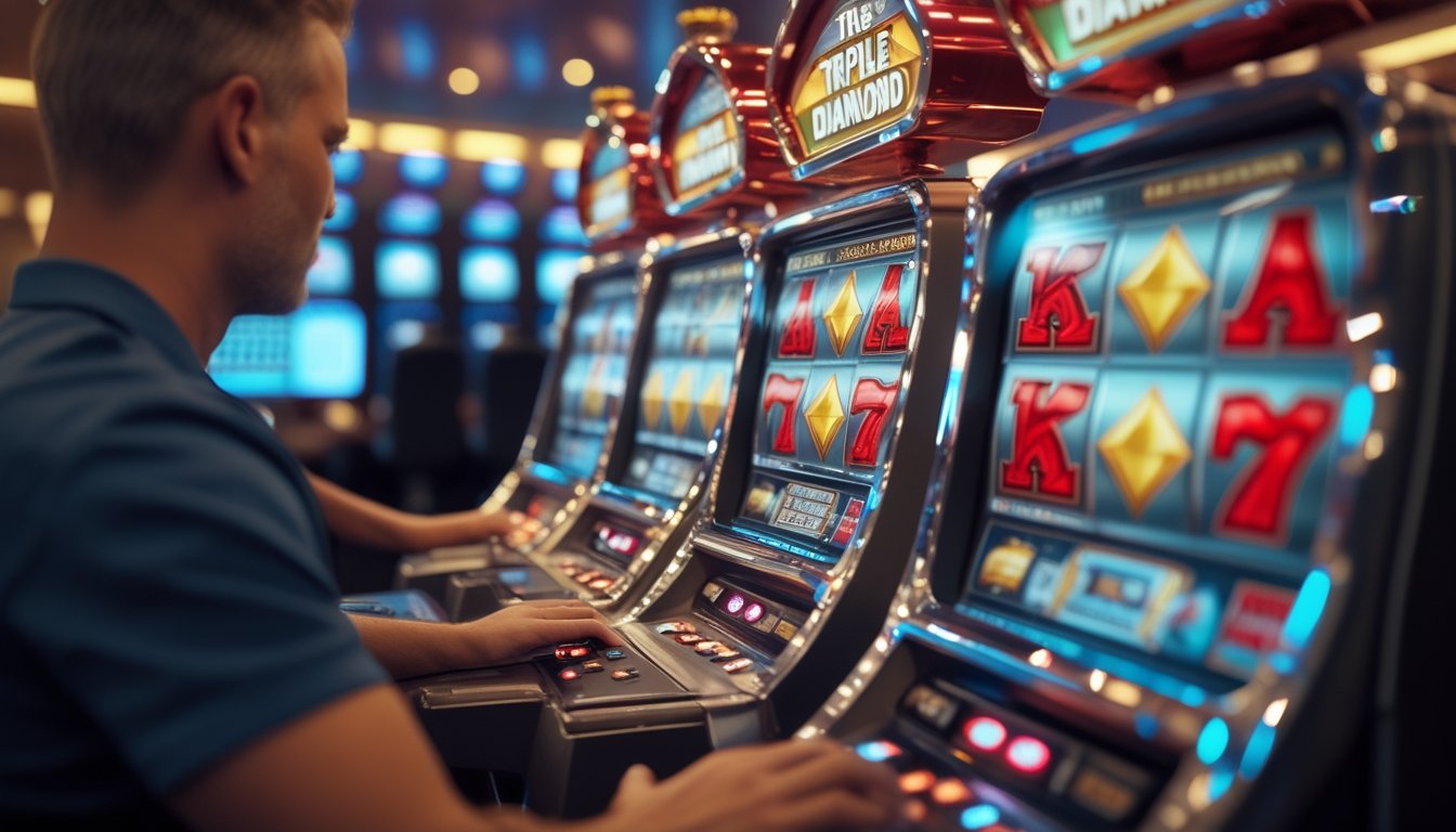 Seorang pemain melihat mesin slot dengan tiga simbol berlian merah di lingkungan kasino modern.