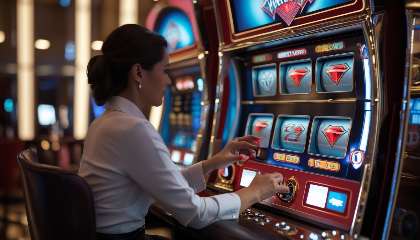 Pemain memasang taruhan kecil pada mesin slot Triple Diamond di kasino.