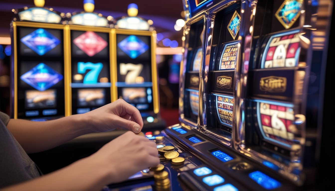 Seorang pemain memasang taruhan kecil pada mesin slot bertema berlian di kasino.