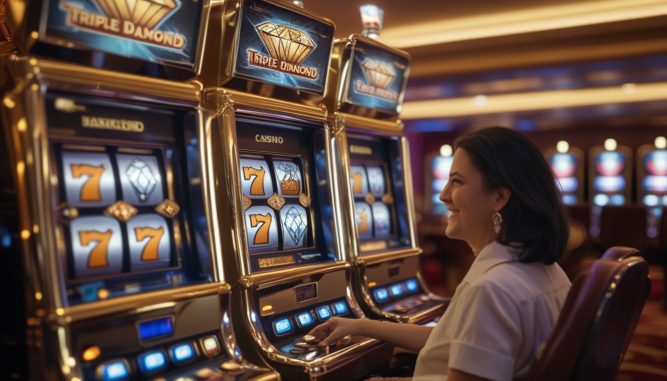 Seorang pemain dewasa menikmati mesin slot berlian klasik di kasino modern.