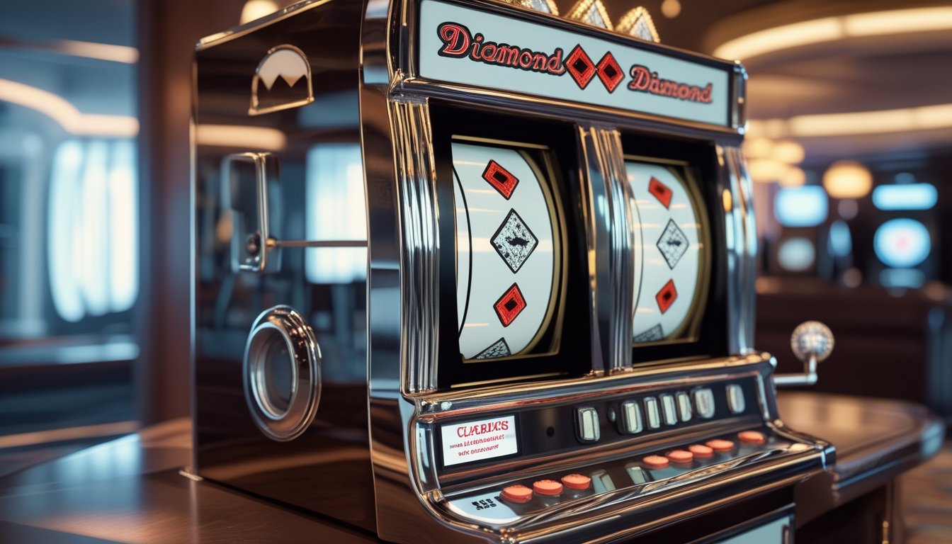 Mesin slot klasik dengan tiga simbol berlian di lingkungan kasino yang elegan.