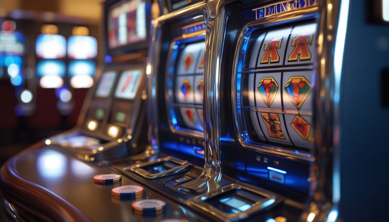 Mesin slot Triple Diamond klasik di dalam kasino dengan beberapa koin kasino di depannya.