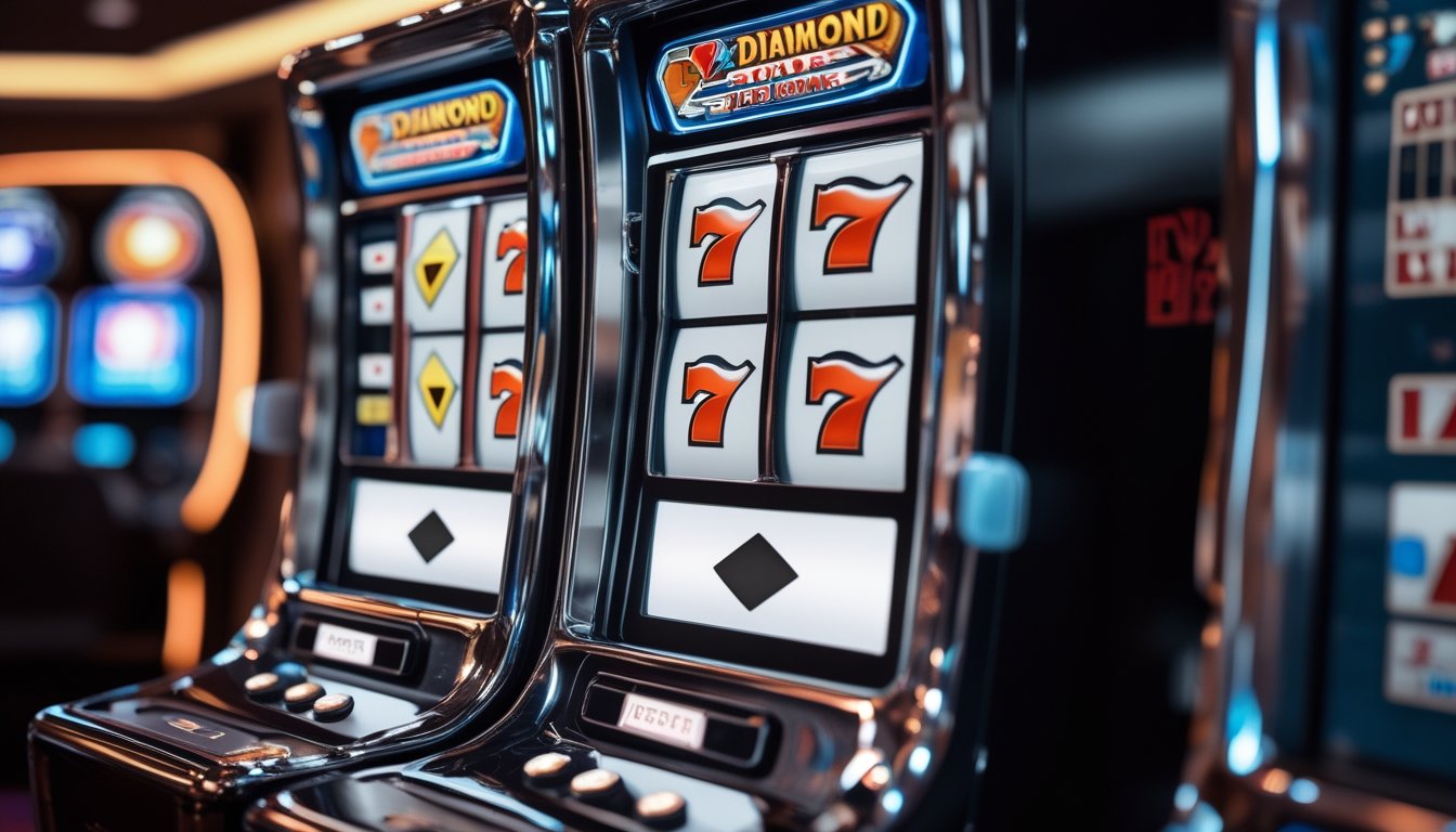 Mesin slot tiga gulungan dengan simbol berlian dan panel kontrol di suasana kasino.