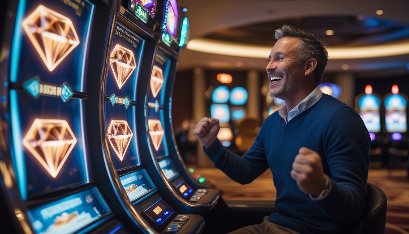 Seorang pemain dewasa tersenyum merayakan kemenangan besar di depan mesin slot Triple Diamond di kasino.