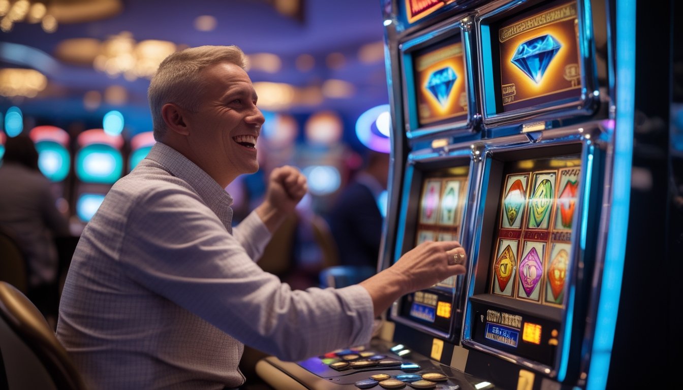 Seorang pemain merayakan kemenangan besar di depan mesin slot Triple Diamond di kasino.
