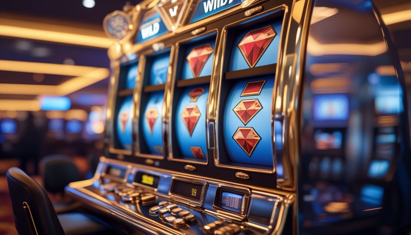 Mesin slot Triple Diamond dengan simbol berlian, efek cahaya, dan elemen visual yang menggambarkan wild serta multiplier.