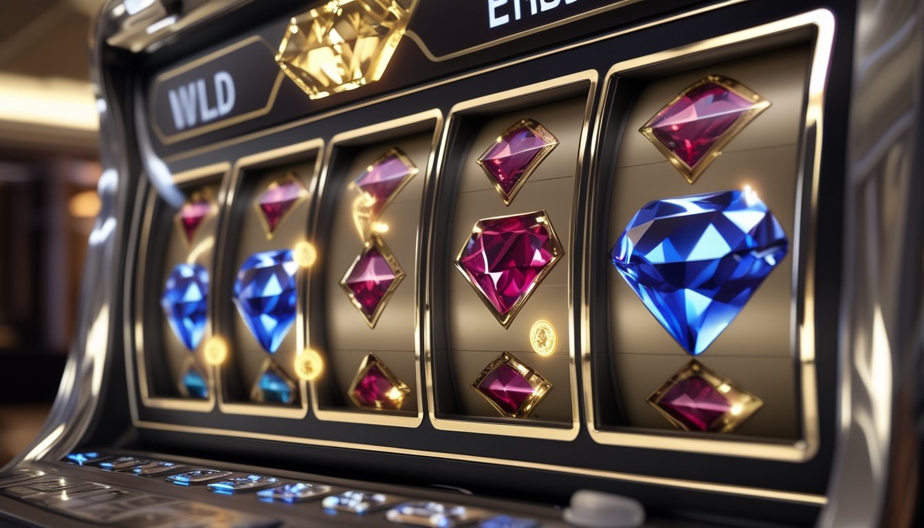 Mesin slot bertema berlian menampilkan kombinasi simbol menang dengan efek cahaya pengganda.