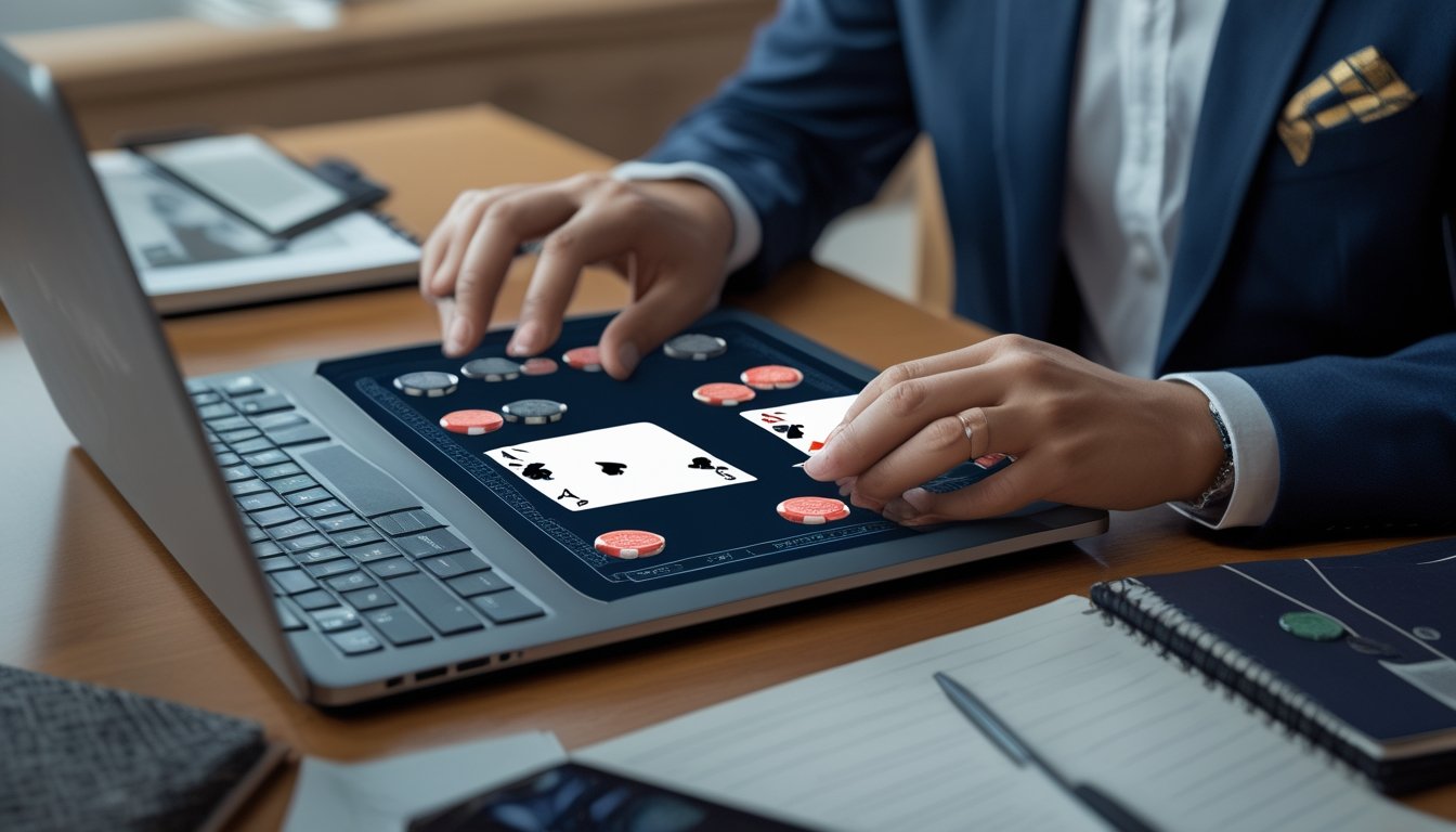 Pemain mempelajari permainan kartu kasino daring di laptop dengan kartu, chip, dan catatan strategi di meja.