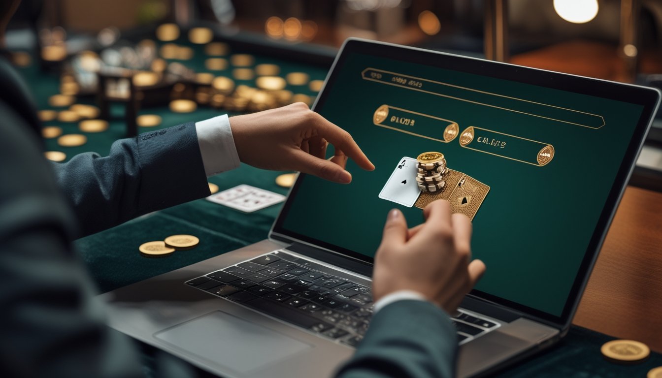 Seseorang memainkan permainan kartu Casino War daring di depan layar dengan kartu pemain, kartu bandar, dan keping taruhan.