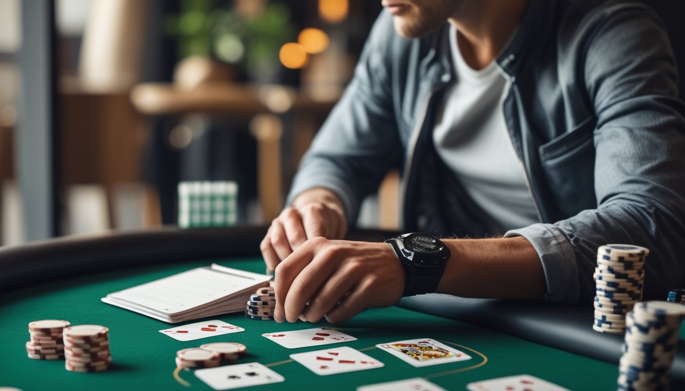 Seorang pemula mempelajari kartu dan tumpukan chip poker di meja dengan suasana tenang.