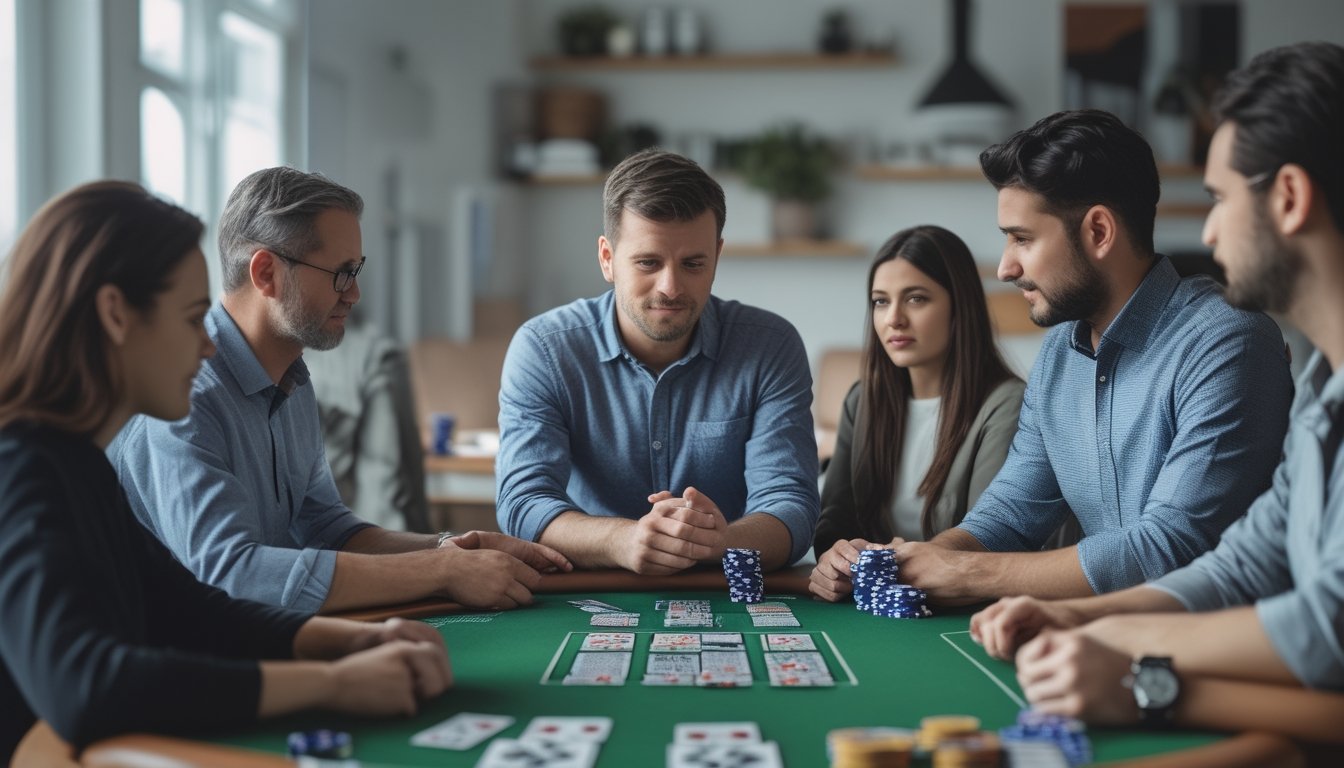 Sekelompok pemula belajar aturan dan peringkat kartu poker bersama seorang instruktur di meja poker.