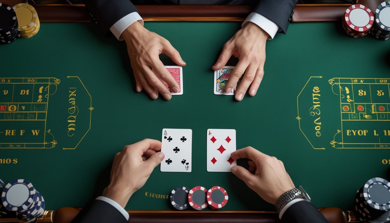 Meja kasino dengan dua kartu tertutup, tangan dealer, dan tumpukan chip.