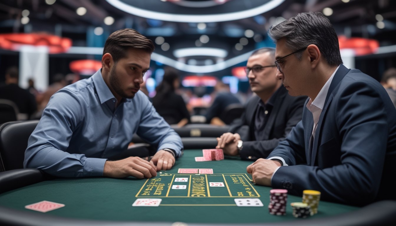 Dua pemain poker mengamati gerak-gerik satu sama lain di meja turnamen dengan kartu dan keping taruhan.