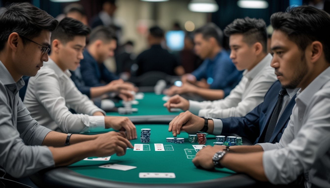 Pemain poker turnamen mengamati gerak-gerik lawan di meja dengan chip dan kartu di atasnya.