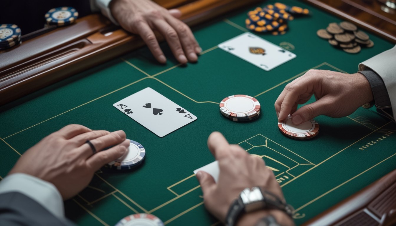 Meja permainan Casino War dengan kartu, keping taruhan, dan momen tegang sebelum pemain mengambil keputusan.