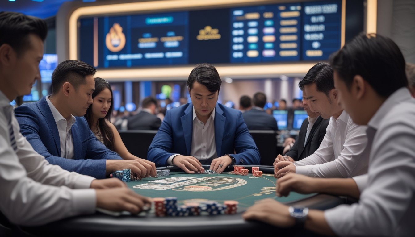 Pemula mengikuti persiapan turnamen poker internasional di meja kasino bersama pemain lain dan seorang dealer.