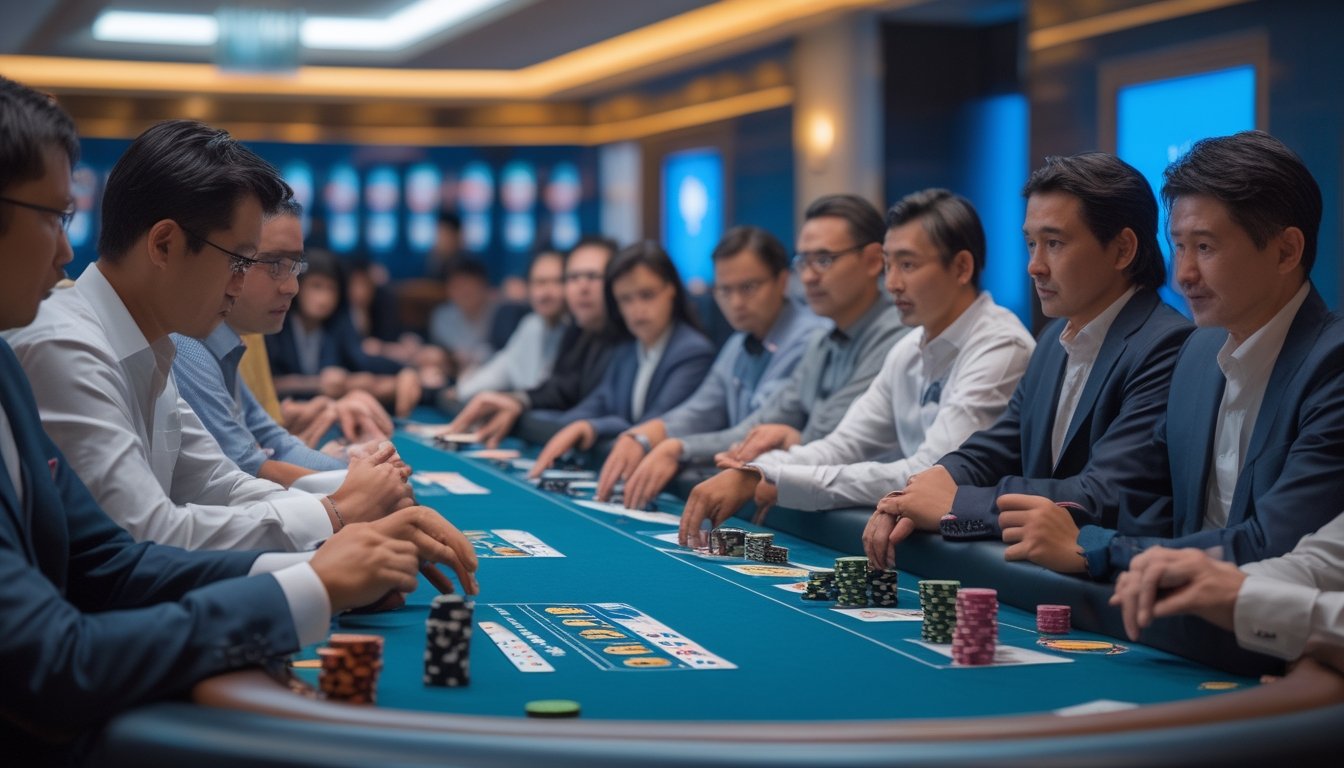 Pemain poker dari berbagai negara mengikuti penjelasan dealer di meja turnamen.
