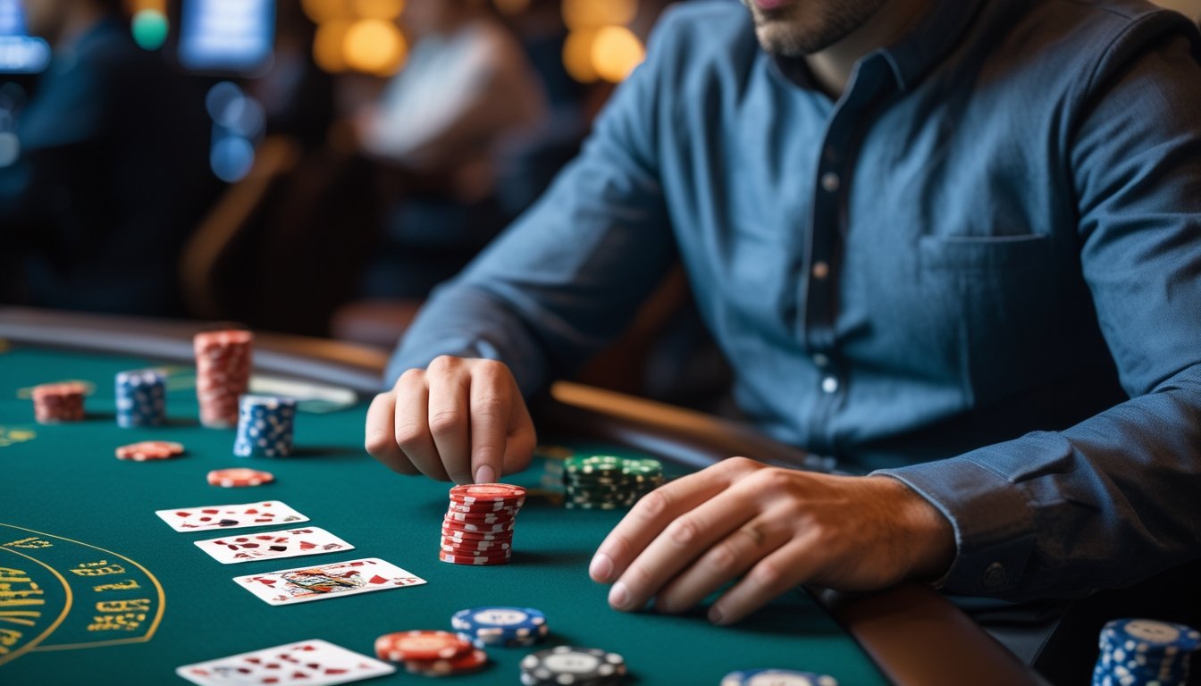 Seorang pemain casino tetap tenang sambil mengatur napas setelah mengalami kekalahan beruntun di meja permainan.