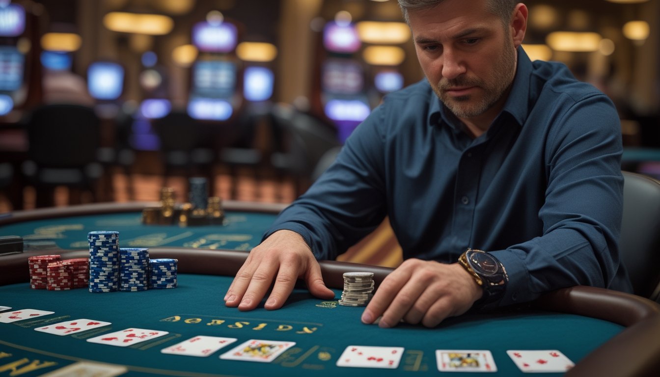 Seorang pemain Casino War duduk tenang di meja setelah mengalami kekalahan beruntun dan mengendalikan emosinya.