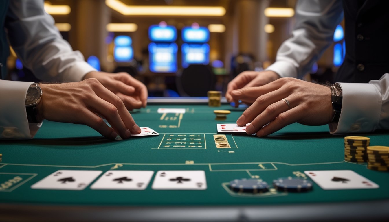 Meja permainan Casino War dengan kartu, keping taruhan, dan dealer di kasino modern.