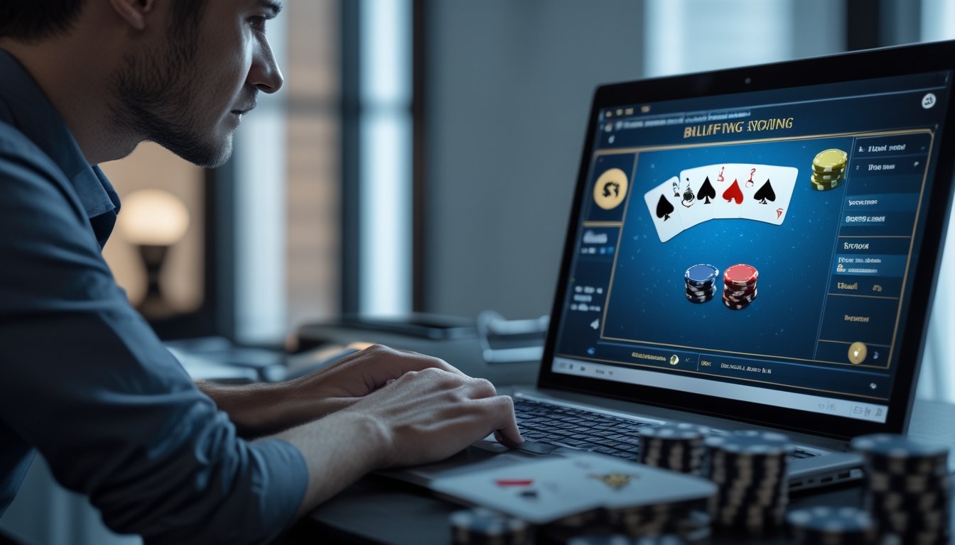Seseorang fokus memainkan poker online di depan laptop dengan kartu dan keping poker di atas meja.