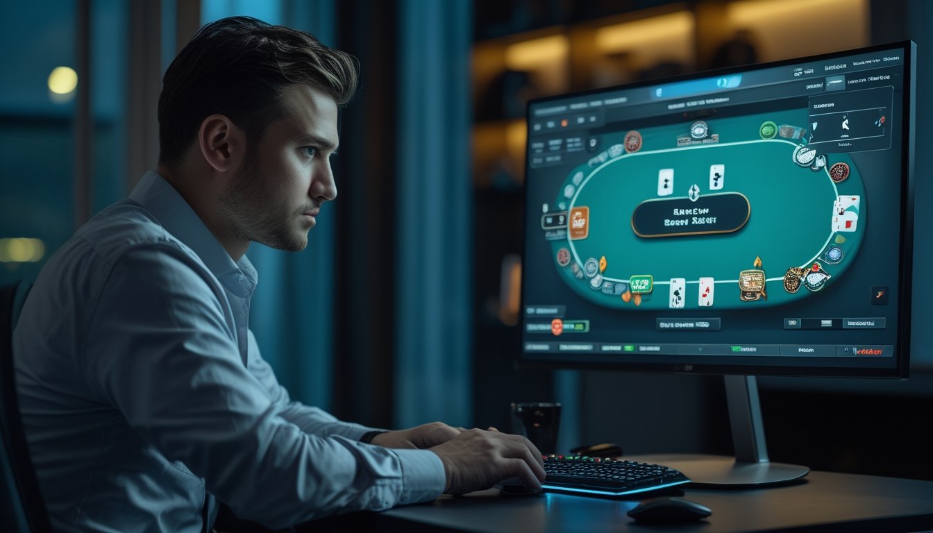Pemain poker online sedang mengambil keputusan strategis di depan monitor.