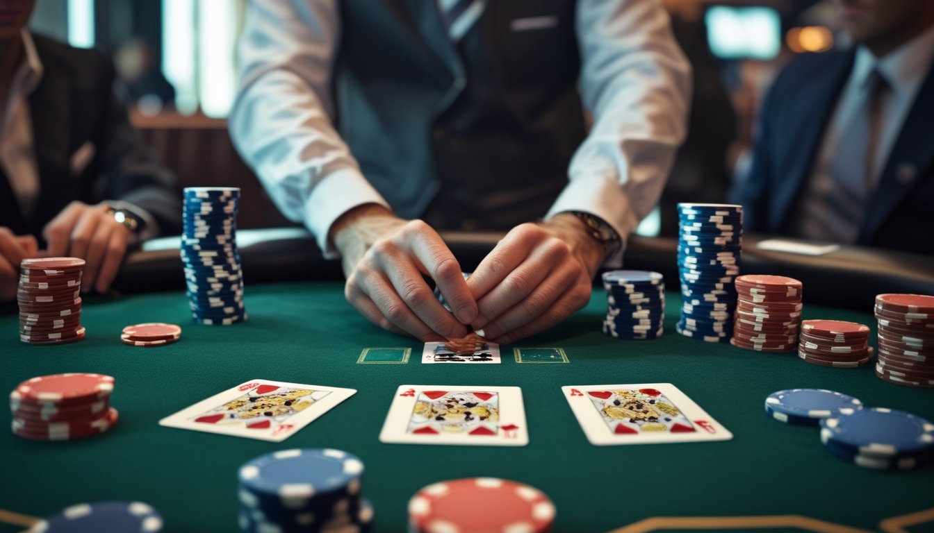 Tangan pemain menyusun kombinasi kartu poker kuat di atas meja turnamen dengan tumpukan chip dan pemain lain di latar belakang.