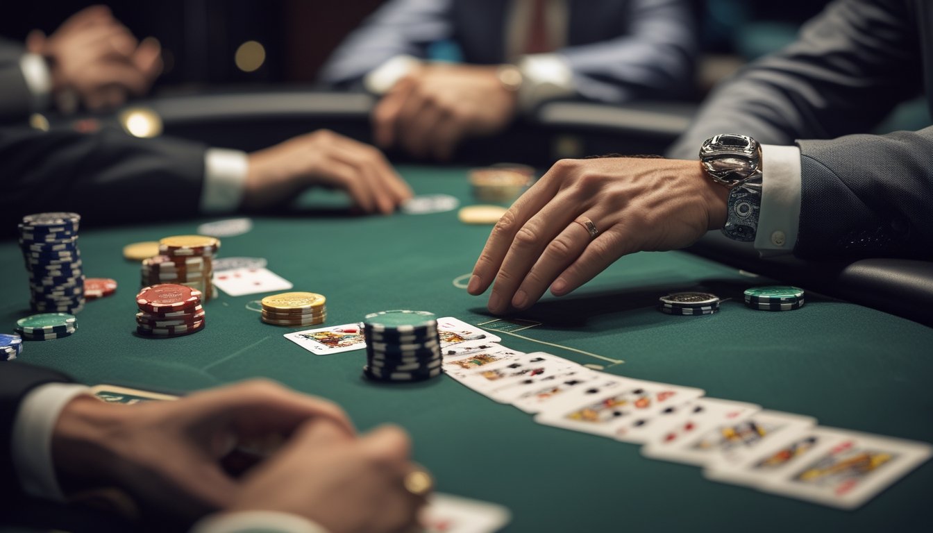 Tangan pemain menata kombinasi kartu poker kuat di meja turnamen dengan tumpukan chip dan pemain lain di latar belakang.