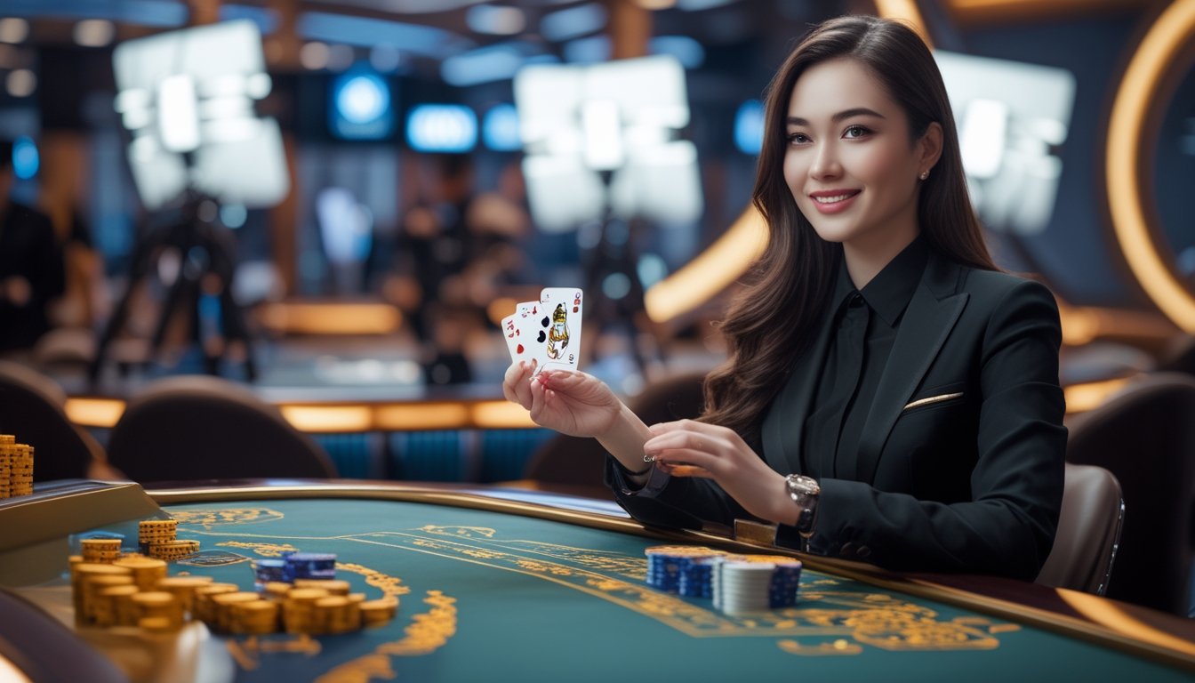 Seorang dealer wanita duduk di meja permainan kasino live dalam studio modern dengan pencahayaan biru dan emas.
