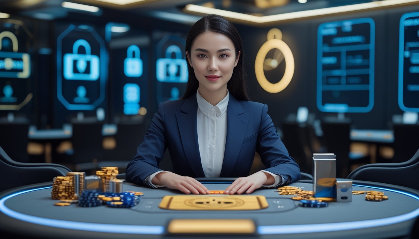 Dealer perempuan profesional berada di meja kasino dengan simbol keamanan digital dan suasana layanan modern.