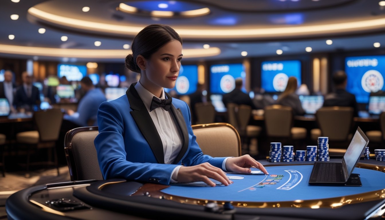 Dealer kasino profesional memandu permainan di studio modern dengan meja permainan, kartu, chip, dan perangkat digital.