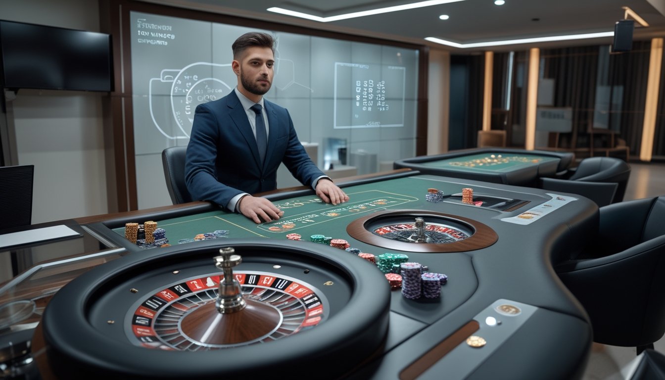 Dealer mengawasi permainan kasino langsung di studio modern dengan meja roulette, perangkat keamanan, dan layar analitik.