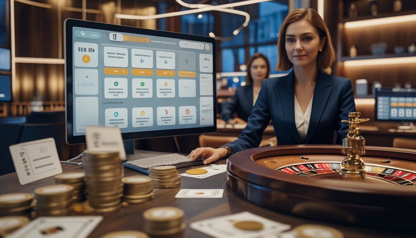 Profesional kasino live memeriksa data dan perlengkapan permainan di meja roulette.