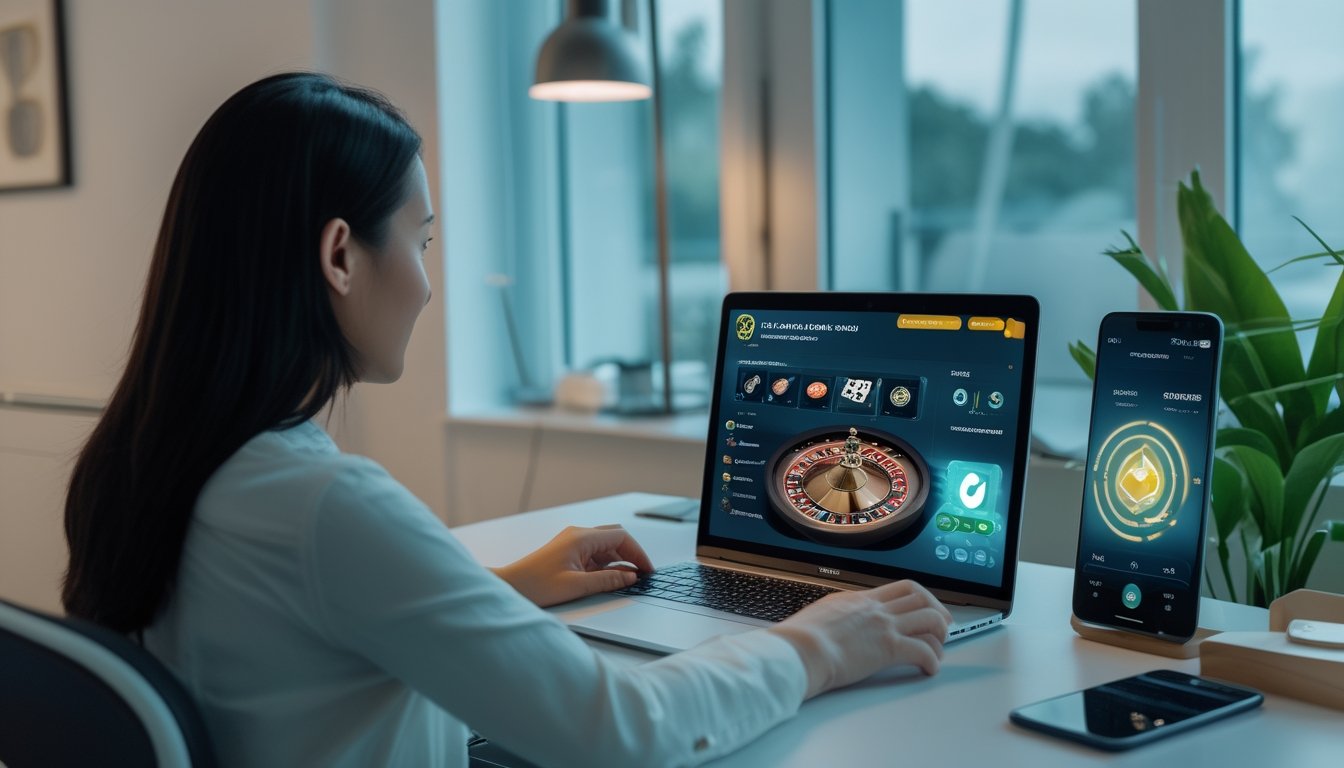Seseorang menggunakan laptop dan ponsel untuk melakukan penarikan dana digital dengan tampilan ikon keamanan.