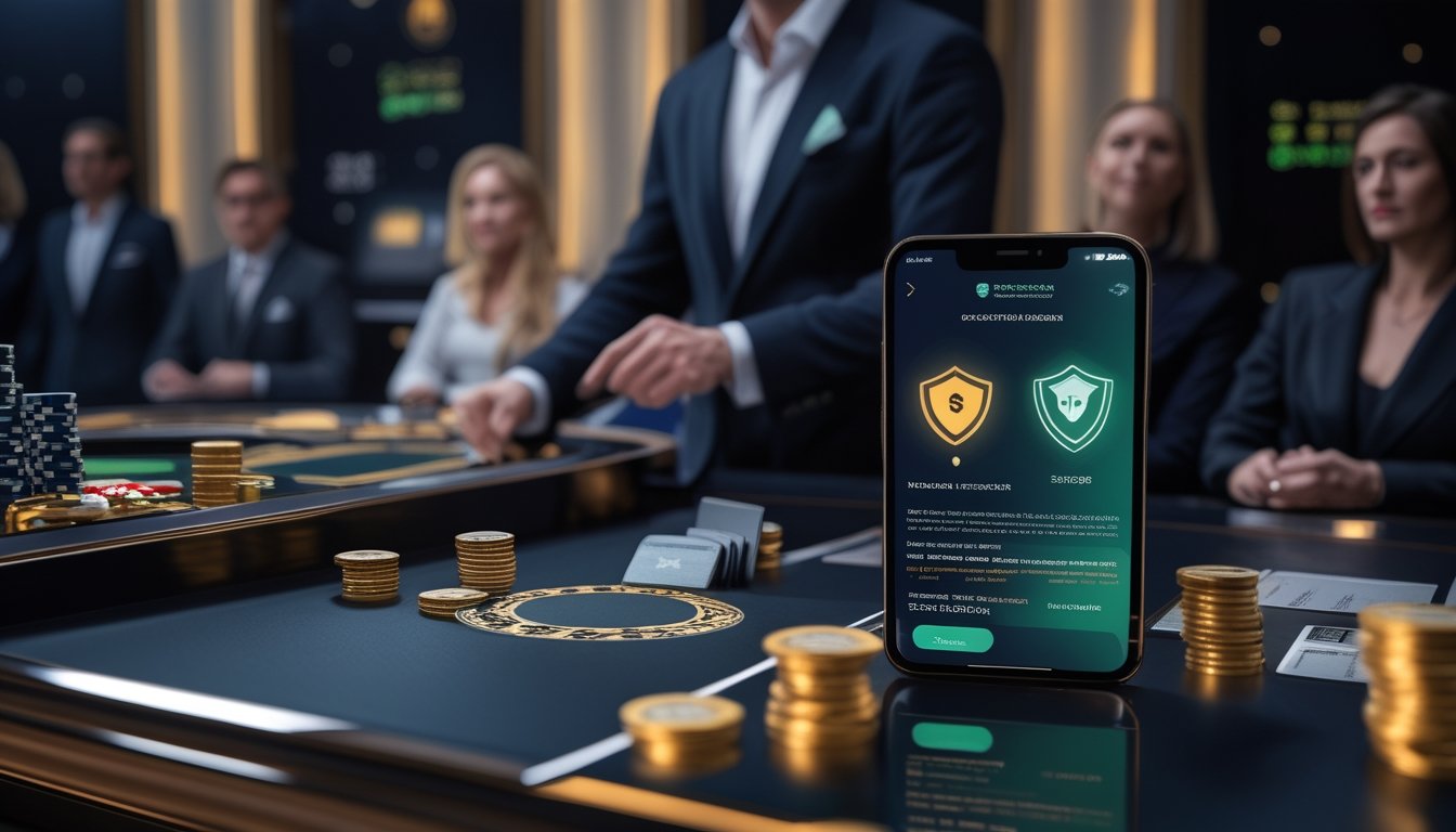 Dealer kasino live berada di dekat meja permainan dengan perangkat digital yang menampilkan konsep transaksi aman dan cepat.