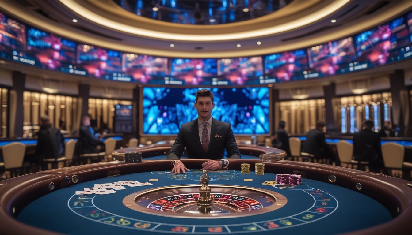 Suasana kasino modern dengan dealer memandu permainan roulette sementara beberapa orang menyaksikan siaran langsung dari area lounge.