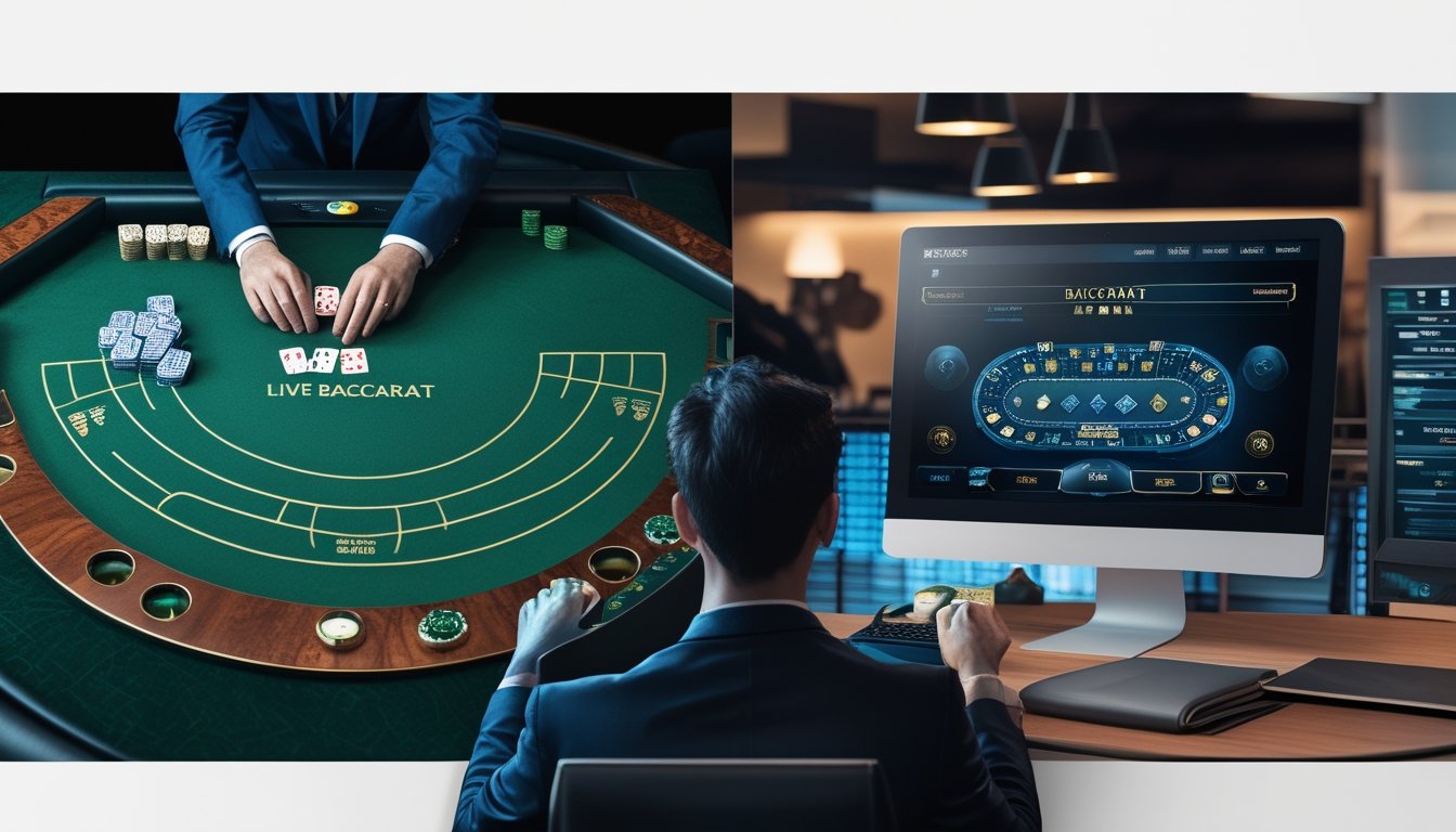 Seorang pemain membandingkan baccarat live di meja kasino dengan baccarat RNG pada perangkat digital.