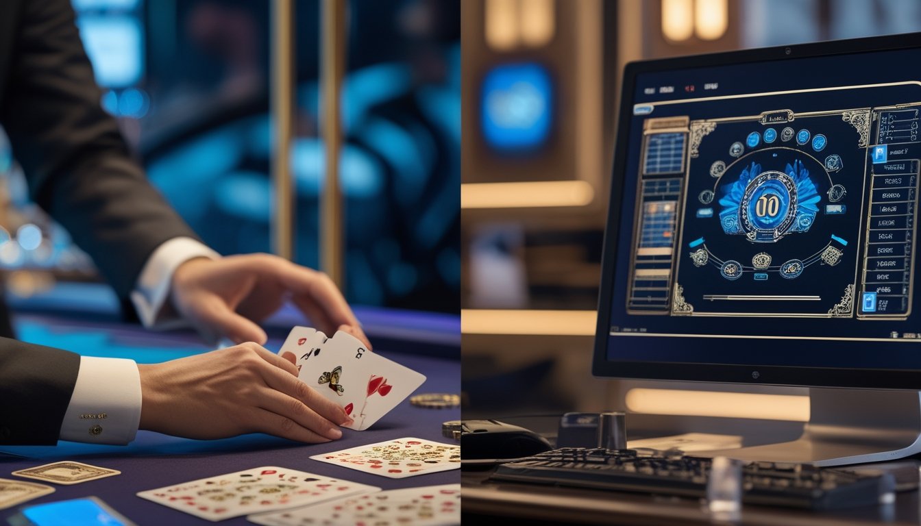 Meja baccarat langsung dan layar digital baccarat ditampilkan berdampingan dengan kartu serta chip.