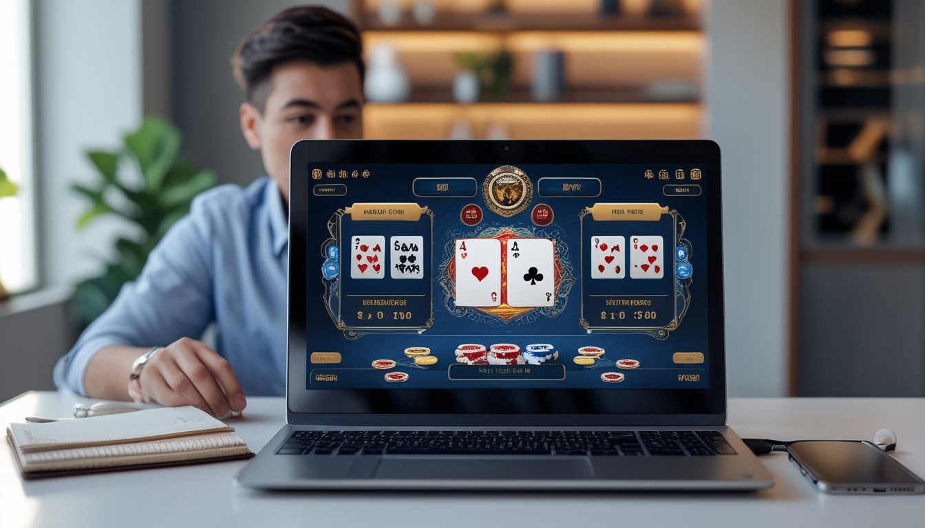 Pemula mempelajari permainan kartu Dragon Tiger daring melalui laptop dengan kartu dan chip di meja.